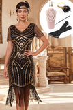 Black Golden V-Neck Sequins Fringed Bodycon Midi Roaring 1920s Dress With 4-Piece Accessories Set