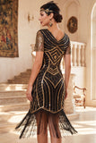 Black Golden V-Neck Sequins Fringed Bodycon Midi Roaring 1920s Dress With 4-Piece Accessories Set