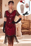 Black Red V-Neck Sequins Beaded Fringed Midi Roaring 1920s Dress With 4-Piece Accessories Set