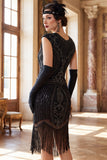 Black Round Neck Sequins Beaded Fringed Midi Roaring 1920s Dress With 5-Piece Accessories Set