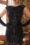 Black Round Neck Sequins Beaded Fringed Midi Roaring 1920s Dress With 5-Piece Accessories Set