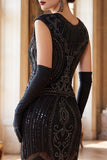 Black Round Neck Sequins Beaded Fringed Midi Roaring 1920s Dress With 5-Piece Accessories Set