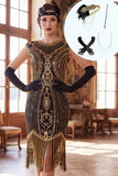 Black Golden Round Neck Sequins Fringed Cap Sleeves Midi Roaring 1920s Dress With 4-Piece Accessories Set