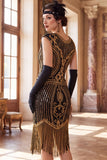 Black Golden Round Neck Sequins Fringed Cap Sleeves Midi Roaring 1920s Dress With 4-Piece Accessories Set