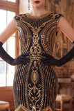 Black Golden Round Neck Sequins Fringed Cap Sleeves Midi Roaring 1920s Dress With 4-Piece Accessories Set