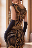 Black Golden Round Neck Sequins Fringed Cap Sleeves Midi Roaring 1920s Dress With 4-Piece Accessories Set