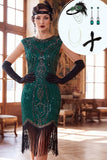 Bodycon Dark Green Round Neck Sequins Fringed Cap Sleeves Midi Roaring 1920s Dress With 4-Piece Accessories Set