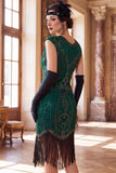 Bodycon Dark Green Round Neck Sequins Fringed Cap Sleeves Midi Roaring 1920s Dress With 4-Piece Accessories Set