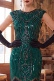Bodycon Dark Green Round Neck Sequins Fringed Cap Sleeves Midi Roaring 1920s Dress With 4-Piece Accessories Set