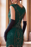 Bodycon Dark Green Round Neck Sequins Fringed Cap Sleeves Midi Roaring 1920s Dress With 4-Piece Accessories Set