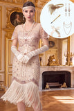 Apricot V-Neck Sequins Fringed Bodycon Midi Roaring 1920s Dress With 5-Piece Accessories Set