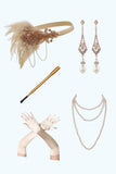 Apricot V-Neck Sequins Fringed Bodycon Midi Roaring 1920s Dress With 5-Piece Accessories Set