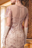Apricot V-Neck Sequins Fringed Bodycon Midi Roaring 1920s Dress With 5-Piece Accessories Set
