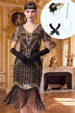 Black Golden V-Neck Sequins Bodycon Fringed Midi Roaring 1920s Dress With 4-Piece Accessories Set