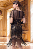 Black Golden V-Neck Sequins Bodycon Fringed Midi Roaring 1920s Dress With 4-Piece Accessories Set
