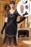 Black Silver V-Neck Sequins Fringed Bodycon Midi Roaring 1920s Dress With 5-Piece Accessories Set