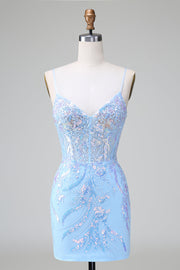 Blue Sequins Corset Open Back Short Cocktail Dress with Embroidery