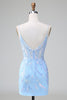 Load image into Gallery viewer, Blue Sequins Corset Open Back Short Cocktail Dress with Embroidery