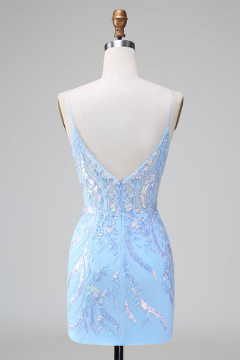 Blue Sequins Corset Open Back Short Cocktail Dress with Embroidery