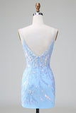 Blue Sequins Corset Open Back Short Cocktail Dress with Embroidery