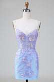 Blue Sequins Corset Open Back Short Cocktail Dress with Embroidery