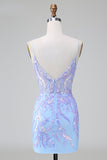 Blue Sequins Corset Open Back Short Cocktail Dress with Embroidery