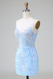 Blue Sequins Corset Open Back Short Cocktail Dress with Embroidery