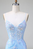 Blue Sequins Corset Open Back Short Cocktail Dress with Embroidery