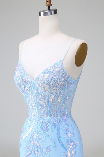 Blue Sequins Corset Open Back Short Cocktail Dress with Embroidery