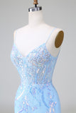 Sparkly Lilac Blue Corset Open Back Sequins Cocktail Dress with Embroidery