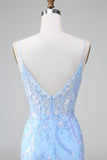 Blue Sequins Corset Open Back Short Cocktail Dress with Embroidery