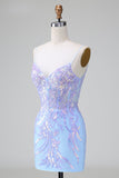 Blue Sequins Corset Open Back Short Cocktail Dress with Embroidery