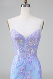 Blue Sequins Corset Open Back Short Cocktail Dress with Embroidery