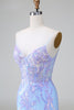 Load image into Gallery viewer, Blue Sequins Corset Open Back Short Cocktail Dress with Embroidery