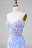 Blue Sequins Corset Open Back Short Cocktail Dress with Embroidery