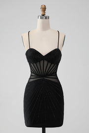 Black Bodycon Spaghetti Straps Corset Cocktail Dress with Beading