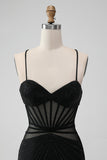 Black Spaghetti Straps Tight Corset Short Cocktail Dress with Beading