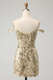 Sparkly Golden Off The Shoulder Bodycon Cocktail Dress with Sequins