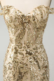 Sparkly Golden Off The Shoulder Bodycon Cocktail Dress with Sequins