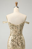 Sparkly Golden Off The Shoulder Bodycon Cocktail Dress with Sequins