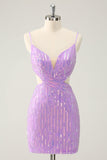 Glitter Purple Spaghetti Straps V-Neck Sequined Short Cocktail Dress