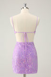 Glitter Purple Spaghetti Straps V-Neck Sequined Short Cocktail Dress