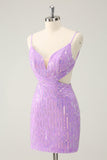 Glitter Purple Spaghetti Straps V-Neck Sequined Short Cocktail Dress