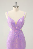 Glitter Purple Spaghetti Straps V-Neck Sequined Short Cocktail Dress