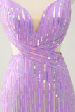 Glitter Purple Spaghetti Straps V-Neck Sequined Short Cocktail Dress