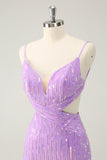 Glitter Purple Spaghetti Straps V-Neck Sequined Short Cocktail Dress