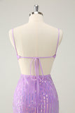 Glitter Purple Spaghetti Straps V-Neck Sequined Short Cocktail Dress