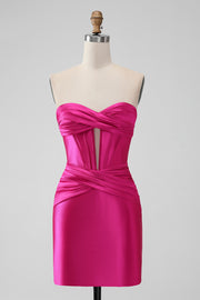 Fuchsia Bodycon Sweetheart Satin Corset Short Cocktail Dress