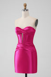 Fuchsia Bodycon Sweetheart Satin Corset Short Cocktail Dress