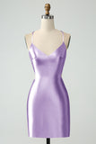 Purple Bodycon Spaghetti Straps Satin Cocktail Dress with Criss Cross Back